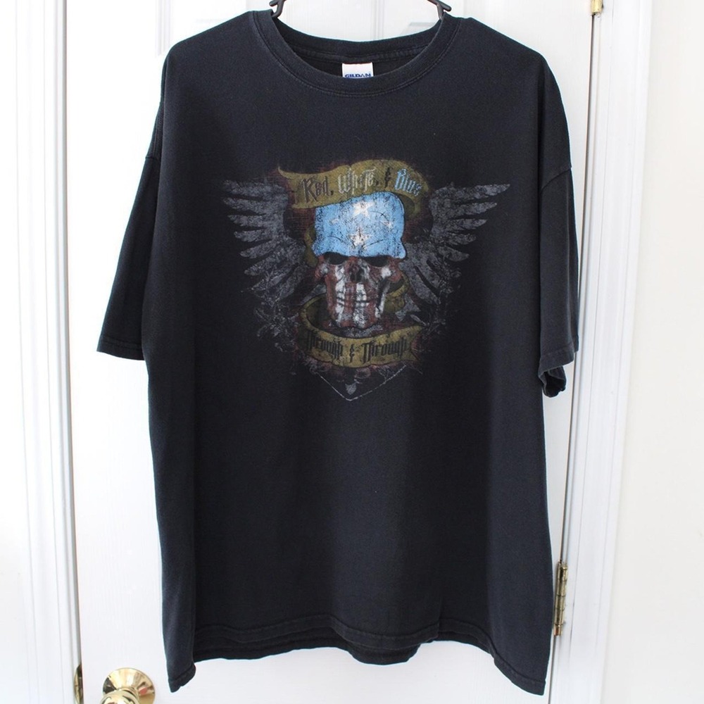 Gildan Vintage Y2K Black Skull American Flag Graphic Tee Mens XL Biker T-Shirt - Picture 3 of 6